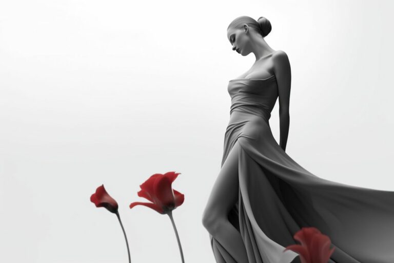 a mannequin stands alone in an empty field of flowers, in the style of zbrush, gray and crimson, elegant figures, flowing draperies, minimalist monochromes, ceramic, dance