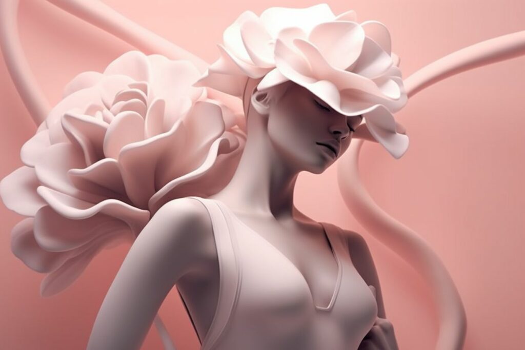 3d mannequin wearing a flowercovered headwear, in the style of monochromatic artworks, artgerm, soft hues, filip hodas, flowing forms, light white and light pink, dynamic still life